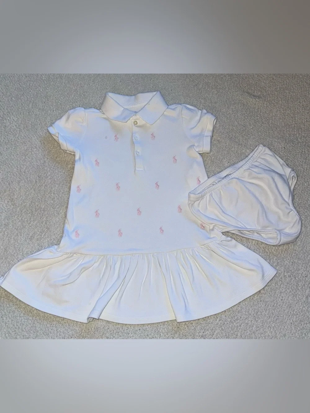 Ralph Lauren Girls 24M White Pink Pony Polo Dress Bloomer Set